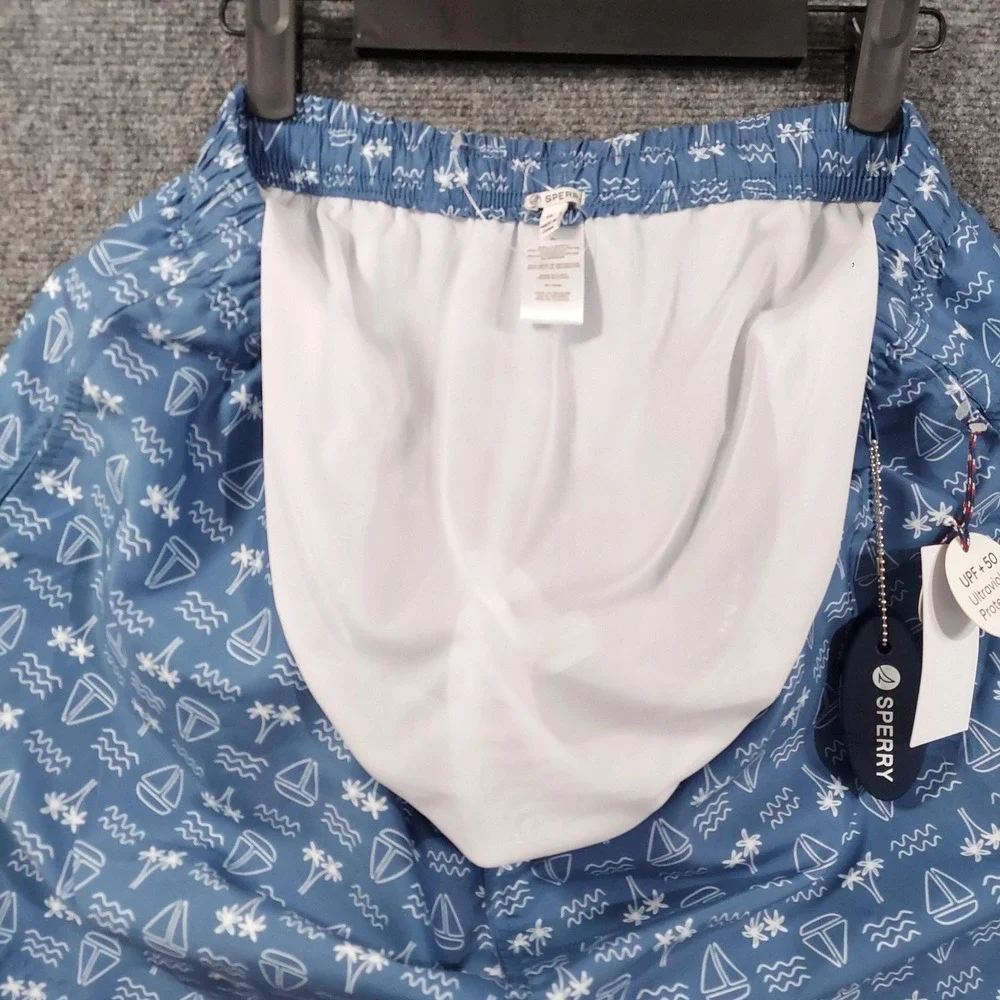 Sperry Swim Trunks Mens XL Blue Sailboat Print Lined UPF‎ 50 Shorts Nautical